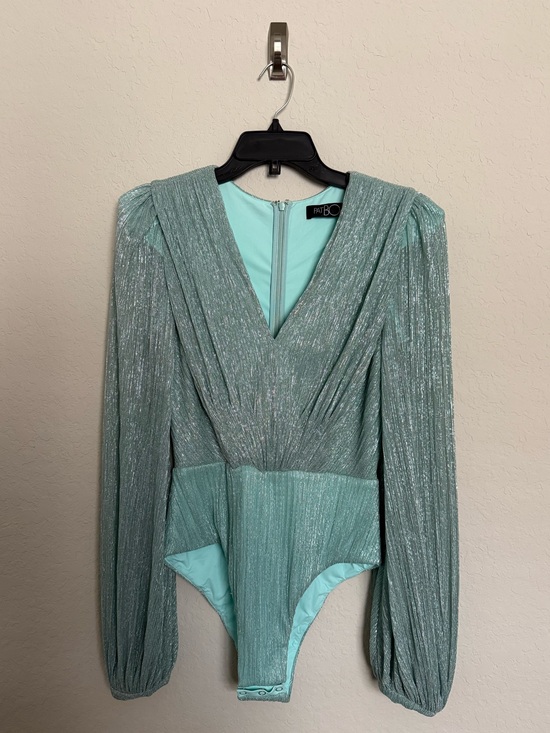 PatBO Tops - PatBO Blue Silver Metallic Lurex Plunge Bodysuit Size L Designer Disco Luxury